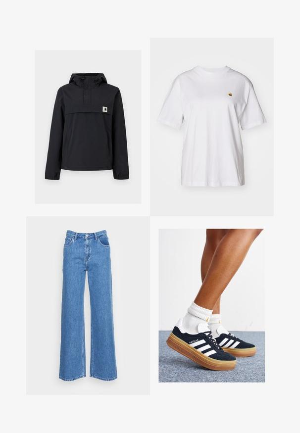 Black windbreaker jacket with a hood, featuring a front pocket, elastic cuffs, and a logo patch on the chest. Smooth, water-resistant fabric.; White cotton t-shirt with a relaxed fit, short sleeves, and a small embroidered logo on the left chest area.; Blue denim wide-leg jeans with a high waist, featuring two front pockets and a button closure. The fabric has a slightly textured finish.; Black suede sneakers with white stripes and accents, rounded toe, gum rubber outsole, paired with white ribbed crew socks.