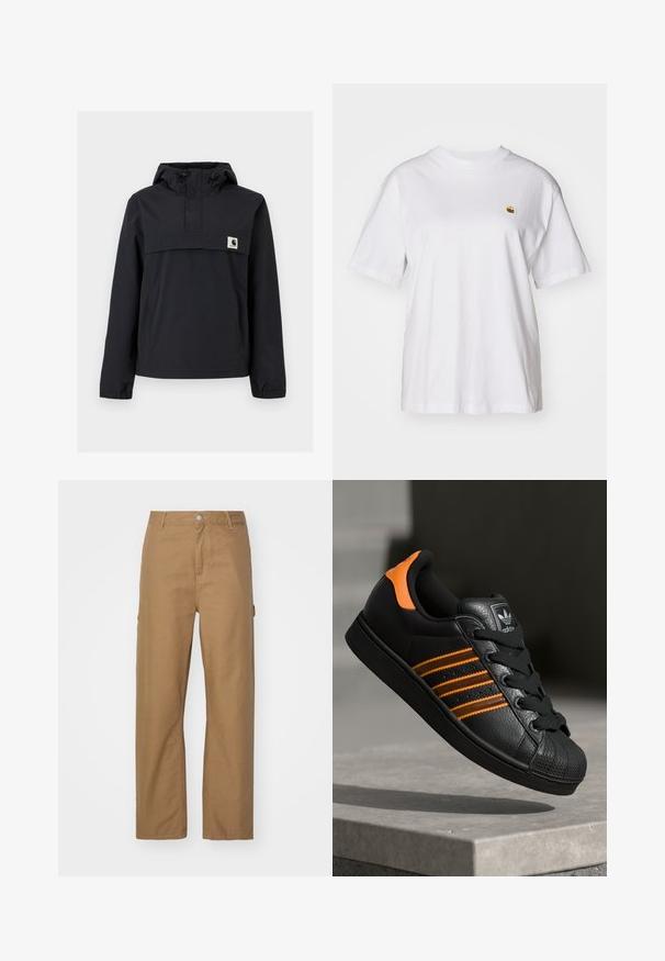 Veste coupe-vent noire avec capuche, dotée d'une poche avant, de poignets élastiques et d'un écusson logo sur la poitrine. Tissu lisse et résistant à l'eau.; T-shirt en coton blanc avec une coupe décontractée, des manches courtes et un petit logo brodé sur la poitrine gauche.; Pantalon droit couleur beige en tissu mélangé coton. Il présente une fermeture à bouton à l'avant et deux poches latérales ; texture lisse et mate.; Baskets noires avec des accents orange, trois bandes horizontales, tige en cuir texturé, protection en caoutchouc à l'avant et lacets noirs.