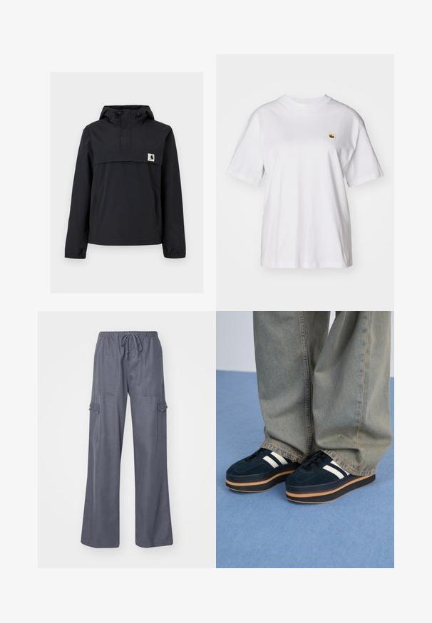 Schwarze Windjacke mit Kapuze, ausgestattet mit einer Vordertasche, elastischen Bündchen und einem Logopatch auf der Brust. Glattes, wasserabweisendes Material.; Weißes Baumwoll-T-Shirt mit lockerem Schnitt, kurzen Ärmeln und einem kleinen gestickten Logo auf der linken Brustseite.; Graue Cargo-Hosen mit einer Kordelzug-Taille, weiten Beinen und zwei Seitentaschen. Hergestellt aus einem weichen, leichten Stoff.; Dunkelblaue Wildleder-Plattform-Sneaker mit weißen Streifen und schwarzen Schnürsenkeln. Mit einer dicken braunen Gummisohle ausgestattet. Tragen Sie sie mit hellblauen Jeans.