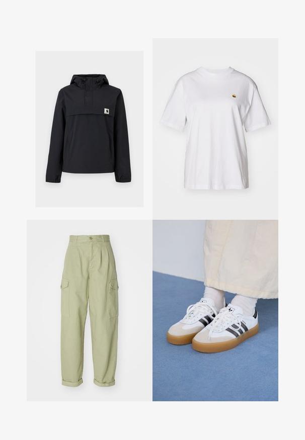 Fekete szélálló dzseki kapucnival, elülső zsebből, rugalmas mandzsetta és logóval ellátott mellkasi részből áll. Simább, vízálló anyag.; Fehér pamut póló laza szabással, rövid ujjakkal és egy kis hímzett logóval a bal mellrészén.; Világos zöld, pamutból készült cargo nadrág. Magas derékkal, feltekert szárakkal és két oldalsó cargo zsebből áll, hogy fokozza a gyakorlatiasságot.; Fehér sportcipő fekete csíkokkal és bézs velúr részletekkel. Texturált gumi talppal és lapos fehér fűzőkkel rendelkezik, világos színű zoknival viselve.