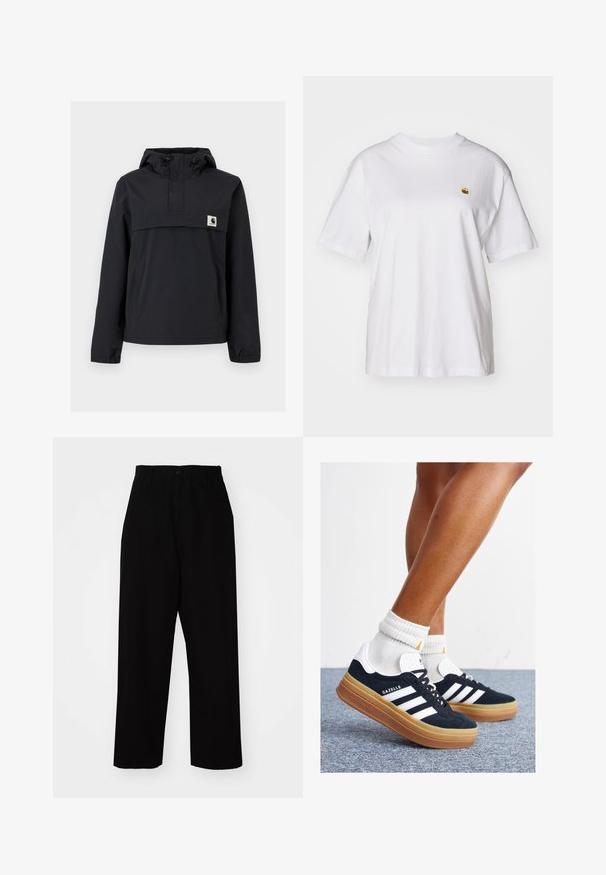 Black windbreaker jacket with a hood, featuring a front pocket, elastic cuffs, and a logo patch on the chest. Smooth, water-resistant fabric.; White cotton t-shirt with a relaxed fit, short sleeves, and a small embroidered logo on the left chest area.; Black trousers made of sturdy cotton fabric. Features a straight-leg design, belt loops, a button closure, and a clean hem.; Black suede sneakers with white stripes and accents, rounded toe, gum rubber outsole, paired with white ribbed crew socks.