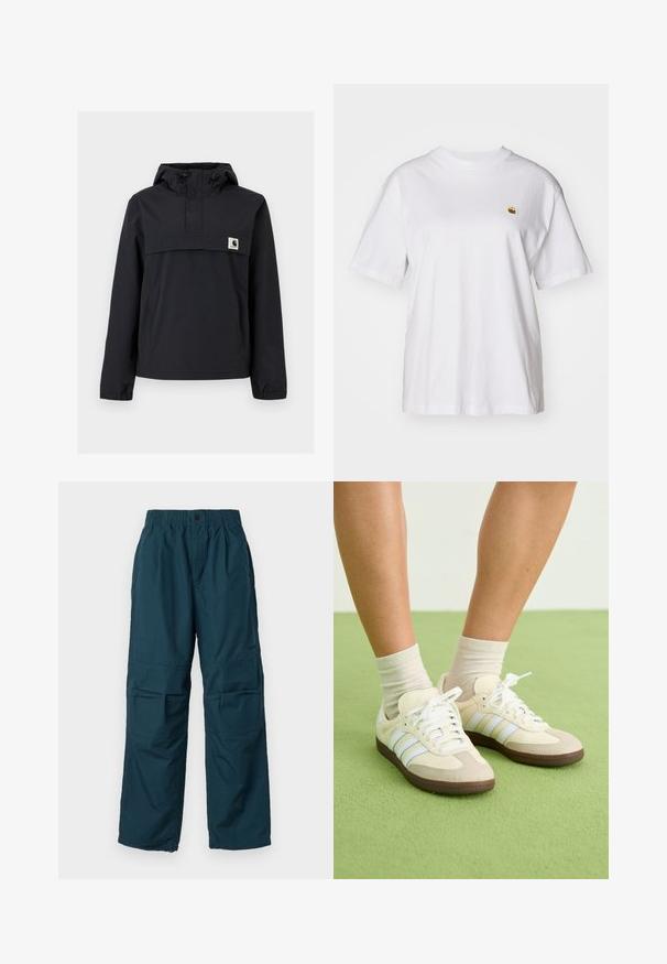 Melnā vēja necaurlaidīgā jaka ar kapuci, ar priekšējo kabatu, elastīgām aprocēm un logotipa uzšuvumu uz krūtīm. Gluda, ūdensizturīga auduma.; Balta kokvilnas T-kreklā ar brīvu piegriezumu, īsām piedurknēm un mazu izšūtu logotipu kreisajā krūtīs.; Tirkīza krāsas kabatas bikses ar elastīgu jostu, divām sānu kabatām un brīvu piegriezumu. Izgatavotas no viegla materiāla ar dūriena detaļām.; Samba skriešanas apavi ar krēmkrāsas un bēša krāsu shēmu, kas aprīkoti ar trim gaiši ziliem svītrām, baltajām auklām un brūnajiem gumijas zole.