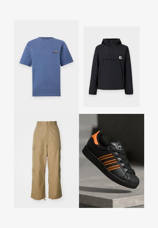 Jachetă neagră tip windbreaker cu glugă, dotată cu un buzunar frontal, manșete elastice și o etichetă cu logo pe piept. Țesătură netedă, rezistentă la apă.; Tricou din bumbac albastru, cu mâneci scurte, având un mic logo roșu și galben pe piept. De asemenea, are un guler simplu și o tivă dreaptă.; Pantaloni cargo bej cu talie înaltă, picioare largi și patru buzunare laterale mari. Realizați dintr-un material durabil, cu o textură netedă și detalii minimale.; Adidași negri cu accente portocalii, trei dungi orizontale, parte superioară din piele texturată, capac de cauciuc pentru vârf și șireturi negre.