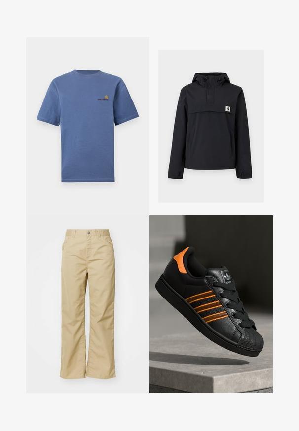 Črna vetrovka z kapuco, ki ima sprednji žep, elastične manšete in oznako na prsih. Gladko, vodoodporno blago.; Modra bombažna majica s kratkimi rokavi, ki ima majhen rdeč in rumen logotip na prsih. Preprost kroj s krožnim izrezom in ravnim robom.; Bež široke hlače madeža iz bombaža z gladko teksturo, ki imajo sprednja žepa in srebrn gumb na pasu.; Črne športne copate z oranžnimi akcenti, tremi vodoravnimi črtami, zgornjim delom iz teksturirane usnjene tkanine, gumijastim zaščitnim pokrovom za prste in črnimi vezalkami.