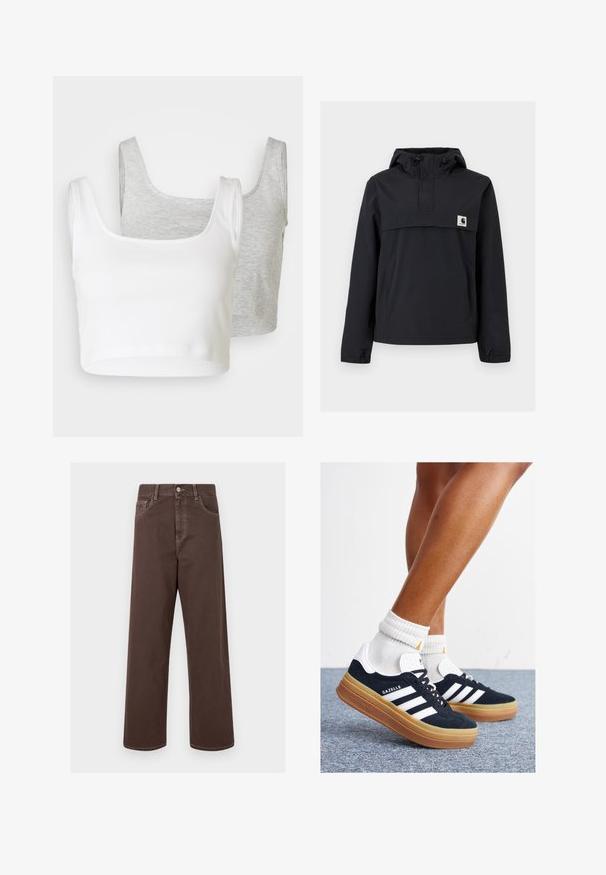 Casaco corta-vento preto com capuz, apresentando um bolso frontal, punhos elásticos e um patch do logo no peito. Tecido liso, resistente à água.; Dois tops de tanque curtos: um branco, em tecido canelado; o outro cinza claro, com textura mesclada. Ambos têm alças largas e decote arredondado.; Calças de denim largas de cor castanha com costura em contraste, cinco bolsos e fecho de botão metálico. Tecido suave, corte reto.; Ténis de camurça preta com riscas e detalhes brancos, biqueira arredondada, sola em borracha cor de goma, combinados com meias brancas caneladas até à altura do tornozelo.