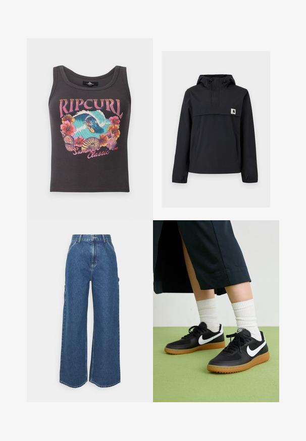 Casaco corta-vento preto com capuz, apresentando um bolso frontal, punhos elásticos e um patch do logo no peito. Tecido liso, resistente à água.; Camisola sem mangas de cor cinza escuro com padrão em relevo, apresentando um gráfico colorido de surf e flores, com o texto "Rip Curl Summer Classic 1969" na parte da frente.; Calças de ganga azuis de perna larga com cintura alta, costuras em contraste e bolsos laterais, apresentando um design clássico de cinco bolsos e bainhas desfiadas.; Sapatilhas pretas em couro e sintético com o logo da Nike em branco, sola de borracha tipo goma, bico redondo e atacadores pretos. Meias brancas com frunces visíveis.