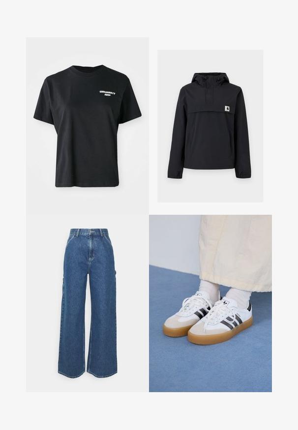 Casaco corta-vento preto com capuz, apresentando um bolso frontal, punhos elásticos e um patch do logo no peito. Tecido liso, resistente à água.; T-shirt de algodão preto com gola redonda e mangas curtas. Apresenta um logótipo gráfico branco na área do peito esquerdo.; Calças de ganga azuis de perna larga com cintura alta, costuras em contraste e bolsos laterais, apresentando um design clássico de cinco bolsos e bainhas desfiadas.; Ténis brancos com riscas pretas e detalhes em camurça bege. Apresentam uma sola de borracha texturizada e atacadores brancos lisos, usados com meias de tom claro.