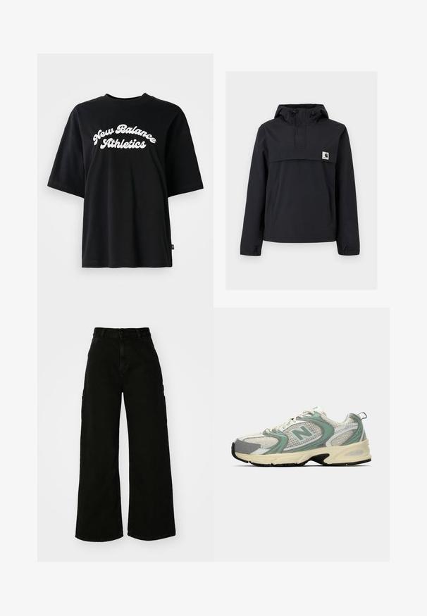 Černá bunda s kapucí, která má přední kapsu, elastické manžety a logo nášivku na hrudi. Hladká, voděodolná tkanina.; Černé bavlněné tričko s krátkým rukávem a kulatým výstřihem, které obsahuje bílé písmo "New Balance Athletics" v zakřiveném designu.; Černé široké cargo kalhoty vyrobené z denimu, s vysokým pasem, předním zapínáním na knoflík a bočními kapsami. Hladká textura s minimálním prošíváním.; Bílé a světlé zelené atletické tenisky New Balance s síťovinou, béžovou podrážkou a černým vzorkem, zobrazené z boku na jednobarevném pozadí.