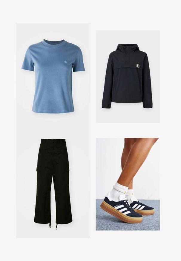 Black windbreaker jacket with a hood, featuring a front pocket, elastic cuffs, and a logo patch on the chest. Smooth, water-resistant fabric.; Light blue short-sleeve crew neck T-shirt with small white logo on the left chest against a plain white background.; Black cargo pants made from cotton, featuring wide legs, side pockets, and drawstring hems. The design includes a button closure at the waist.; Black suede sneakers with white stripes and accents, rounded toe, gum rubber outsole, paired with white ribbed crew socks.