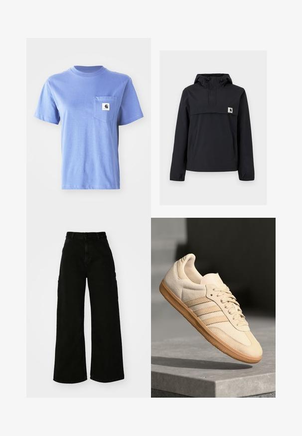 Melnā vēja necaurlaidīgā jaka ar kapuci, ar priekšējo kabatu, elastīgām aprocēm un logotipa uzšuvumu uz krūtīm. Gluda, ūdensizturīga auduma.; Gaiši zila kokvilnas t-krekls ar apaļu kakla izgriezumu, īsām piedurknēm, krūšu kabatu un nelielu logotipa uzšuvumu uz kabatas.; Melni platā kāju kravas bikses no denima, ar augstu vidukli, priekšējo pogu aizdari un sānu kabatām. Gluda tekstūra ar minimālu šuvju skaitu.; Gaišbeige zamšas sneakeris ar gumijas zoli, trim diagonālām svītrām un teksturētu purngali. Uz mēles un sānos ir redzams logotips.