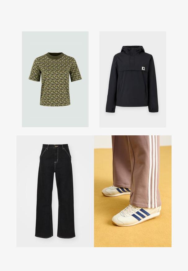 Zwarte windbreaker jas met een capuchon, voorzien van een voorzak, elastische boorden en een logopatch op de borst. Glad, waterafstotend materiaal.; Korte mouwen groene T-shirt met een patroon van geometrische ontwerpen in donkergroen en geel, met een geribbelde halslijn en een ontspannen pasvorm.; Zwarte wijde jeans van denim, met contrasterende witte stiksels en een sluiting met knoop aan de voorkant, voorzien van twee schuin geplaatste zakken aan de voorkant.; Creatieve sneakers met blauwe suède strepen, witte veters en een rubberen zool. Gecombineerd met grijze trainingsbroeken met witte zijkanten.