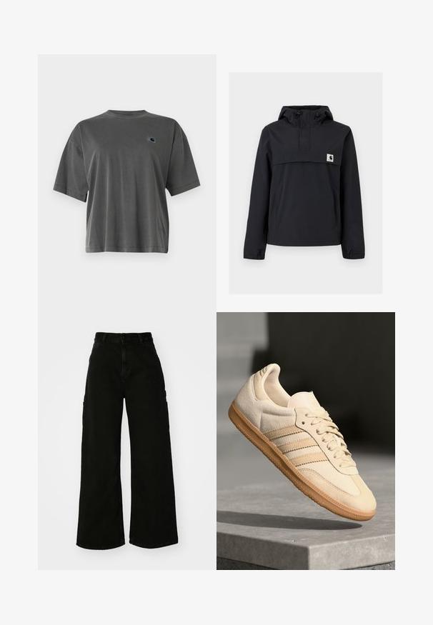 Veste coupe-vent noire avec capuche, dotée d'une poche avant, de poignets élastiques et d'un écusson logo sur la poitrine. Tissu lisse et résistant à l'eau.; T-shirt en coton gris à col rond et manches courtes. Présente un petit patch de logo de couleur contrastante sur la zone gauche de la poitrine.; Pantalons cargo larges noirs en denim, avec taille haute, fermeture à bouton sur le devant et poches latérales. Texture lisse avec des coutures minimales.; Sneaker en suède beige clair avec semelle en gomme, trois rayures diagonales et un capuchon de pied texturé. Logo sur la languette et sur le côté.