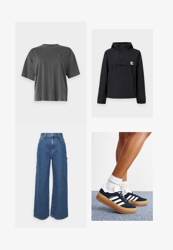 Chaqueta cortavientos negra con capucha, que cuenta con un bolsillo frontal, puños elásticos y un parche de logo en el pecho. Tejido liso y resistente al agua.; Camisa de algodón gris con cuello redondo y mangas cortas. Presenta un pequeño parche de logo en un color contrastante en la parte izquierda del pecho.; Pantalones vaqueros de pierna ancha en azul con cintura alta, costuras en contraste y bolsillos laterales, que cuentan con un diseño clásico de cinco bolsillos y dobladillos sin rematar.; Zapatillas deportivas de gamuza negra con rayas y detalles blancos, puntera redondeada, suela de goma color caramelo, combinadas con calcetines blancos acanalados a la altura del tobillo.