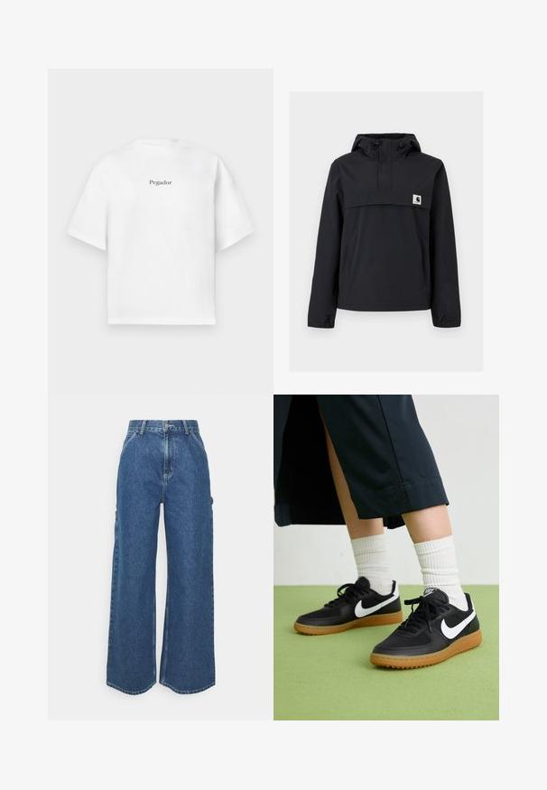 Černá bunda s kapucí, která má přední kapsu, elastické manžety a logo nášivku na hrudi. Hladká, voděodolná tkanina.; Bílý krátký rukáv tričko vyrobené z bavlny, s kulatým výstřihem a středovým černým potiskem slova "Pegador" na přední straně.; Široké modré džíny s vysokým pasem, kontrastním šitím a postranními kapsami, které mají klasický design s pěti kapsami a rozstřižené lemy.; Černé kožené a syntetické tenisky s bílým logem Nike, gumovou podrážkou, kulatou špičkou a černými tkaničkami. Viditelné žebrované bílé ponožky.
