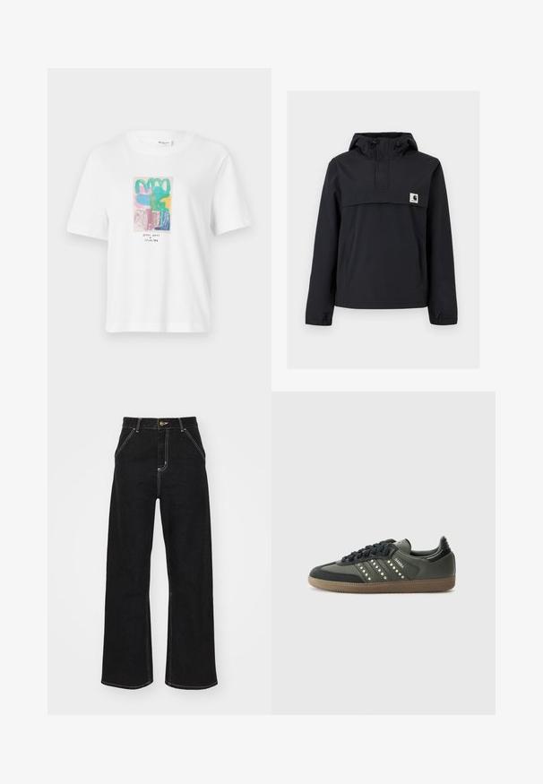 Crna jakna s kapuljačom, s prednjim dzepom, elastičnim manžetama i logom na prsima. Glatka, vodootporna tkanina.; Bijela majica kratkih rukava s raznobojnim apstraktnim grafičkim dizajnom u ružičastoj, zelenoj, plavoj i žutoj boji, s crnim tekstom na dnu.; Crne široke traperice izrađene od denima, s kontrastnim bijelim šavovima i prednjim kopčanjem na dugme, s dva koso oblikovana prednja džepa.; adidas Originals SAMBA OG - Tenisice - core black/legend earth/gum