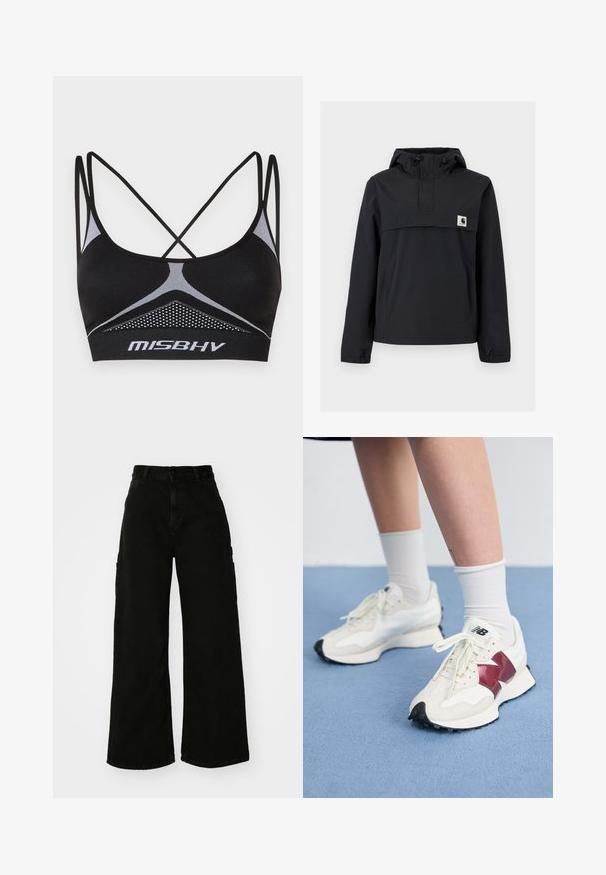 Crna jakna s kapuljačom, s prednjim dzepom, elastičnim manžetama i logom na prsima. Glatka, vodootporna tkanina.; Crna sportska grudnjak s križnim trakama, s teksturiranim mrežnim panelom i bijelim akcentnim linijama. Logo prikazan na traku.; Crne široke cargo hlače od denima, s visokim strukom, prednjim zatvaranjem na dugme i bočnim džepovima. Glatka tekstura s minimalnim šavovima.; Par bijelih tenisica s maroon akcentima, teksturiranim panelima, ravnim crnim potplatom i svijetlim vezicama, nošene s bijelim čarapama do gležnjeva.