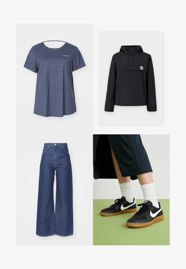 Fekete szélálló dzseki kapucnival, elülső zsebből, rugalmas mandzsetta és logóval ellátott mellkasi részből áll. Simább, vízálló anyag.; Roxy DREAMING WAVE - Basic póló - mood indigo; Sötétkék farmer széles szárú nadrág. Magas derekú kialakítással, cipzáras és gombos záródással. Klasszikus öt zsebes dizájnnal és rojtos szélekkel rendelkezik.; Fekete bőr és szintetikus sneakers, fehér Nike logo-val, gumi talppal, kerek orral és fekete fűzővel. Csíkos fehér zokni látható.