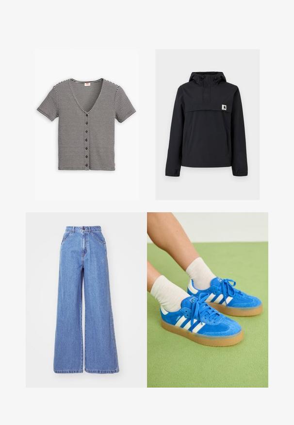 Sort vindjakke med hætte, der har en frontlomme, elastiske manchetter og et logo-patch på brystet. Glat, vandafvisende stof.; Stribet sort og hvid kortærmet knap-top med V-hals og tekstureret stof. Har flere knapper langs forsiden.; adidas Originals Jeans Straight Leg - light denim; Blå ruskind sneakers med hvide striber, gummisål, rund tå og stofsnørebånd. Bærer cremefarvede sokker på en grøn overflade.