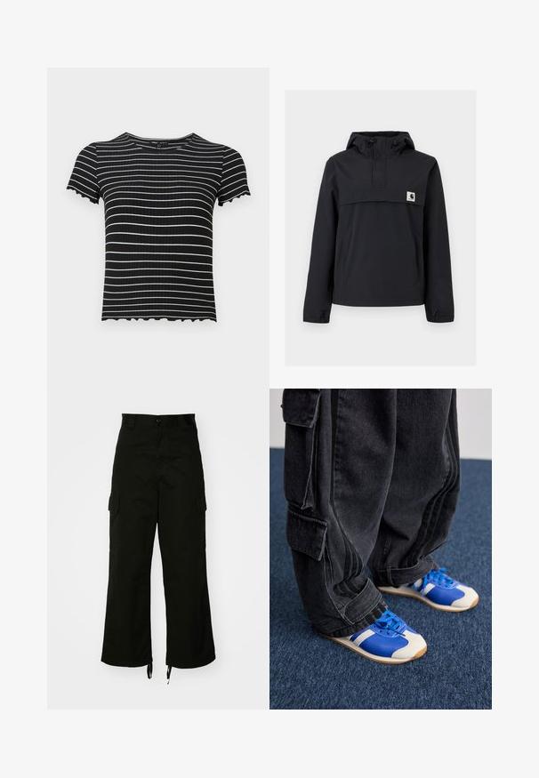 Veste coupe-vent noire avec capuche, dotée d'une poche avant, de poignets élastiques et d'un écusson logo sur la poitrine. Tissu lisse et résistant à l'eau.; Haut noir à manches courtes côtelé avec des rayures horizontales blanches. Des détails à bords festonnés au niveau des poignets et de l'encolure renforcent son design. Convient pour un look décontracté.; Pantalons cargo noirs en coton, dotés de jambes larges, de poches latérales et d'ourlets à cordon de serrage. Le design comprend un bouton de fermeture à la taille.; Une personne portant un pantalon cargo noir ample et des baskets bleu et blanc se tient sur un tapis bleu foncé.