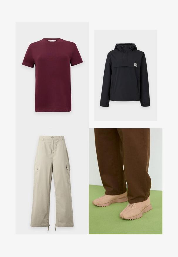 Giacca a vento nera con cappuccio, dotata di tasca frontale, polsini elastici e una patch con logo sul petto. Tessuto liscio e resistente all'acqua.; T-shirt bordeaux a maniche corte in cotone liscio con scollatura rotonda e orlo dritto. Design minimalista, senza motivi o dettagli.; Pantaloni cargo beige chiaro con una vestibilità rilassata, dotati di chiusura con bottone, tasche laterali e orlo regolabile con lacci. Tessuto con una consistenza liscia.; Sneaker rosa chiaro con tomaia in suede testurizzato e rete, punta tonda, design con lacci e suole in gomma robuste. Indossati con pantaloni marroni larghi.