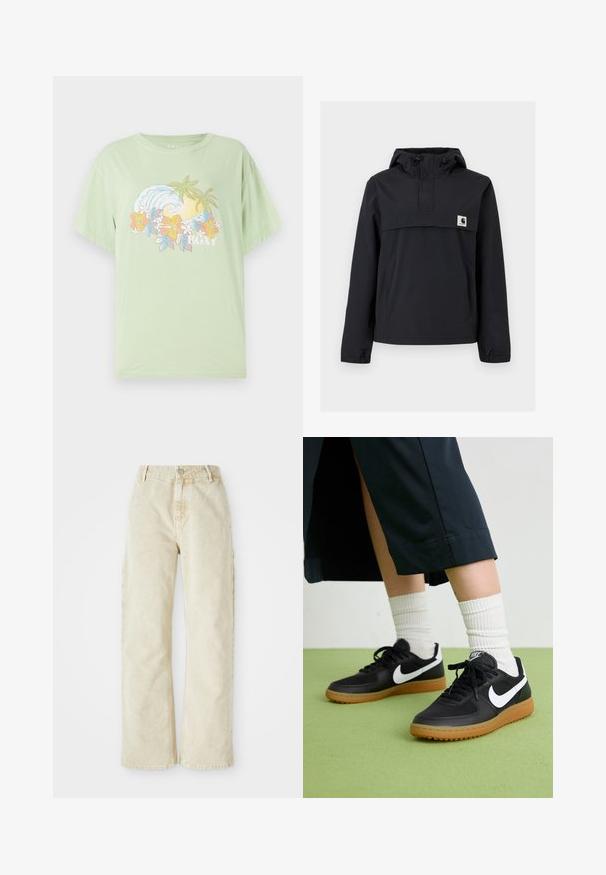 Zwarte windbreaker jas met een capuchon, voorzien van een voorzak, elastische boorden en een logopatch op de borst. Glad, waterafstotend materiaal.; Lichtgroen T-shirt met korte mouwen, met een golf- en bloemenafbeelding en de merknaam "ROXY" in het wit. Zacht katoen materiaal.; Beige wijdvallende denimbroek met een hoge taille, voorzien van een knoop- en ritssluiting aan de voorkant, riemlussen en zijzakken. Zachte textuur.; Zwarte leren en synthetische sneakers met witte Nike swoosh, rubberen gumzool, ronde neus en zwarte veters. Geribbelde witte sokken zichtbaar.