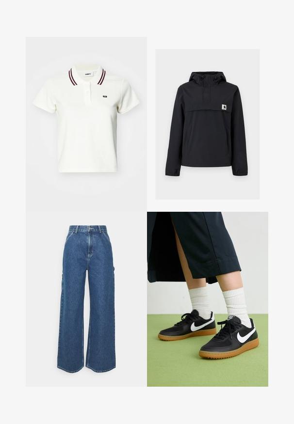 Svart vindjakke med hette, med en frontlomme, elastiske cuffs og et logo-merke på brystet. Glatt, vannavstøtende stoff.; Hvit polo-skjorte med maroon stripete krage, knapplukking, korte ermer og teksturert stoff. Har en liten logo på brystet.; Videbeinete blå denimbukser med høy midje, kontraststing, og sidelommer, med et klassisk fem-lommers design og rå kanter.; Sorte lær- og syntetiske joggesko med hvit Nike swoosh, gummisåle, rund tå og sorte lisser. Ribbet hvite sokker synlige.