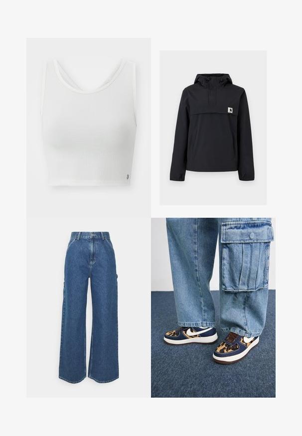 Juodas vėjaraizdis su kapuce, turintis priekinę kišenę, elastines rankoves ir logotipo emblema ant krūtinės. Lygus, vandeniui atsparus audinys.; Balta trumpa palaidinė, pagaminta iš tekstūruoto audinio, su apvalia iškirpte ir sluoksniuota nugara, bei mažo logotipo akcentu šone.; Plačios mėlynos džinsinės kelnes su aukštu juosmeniu, kontrastingais siūlais ir šoninėmis kišenėmis, turinčios klasikinį penkių kišenių dizainą ir brutalius kraštus.; Tamsiai mėlyni sportbačiai su leopardų rašto akcentais, balta Nike Swoosh, rudomis raištelėmis ir balta vidurine dalimi. Sujungta su šviesiais džinsiniais kargo kelnėmis.