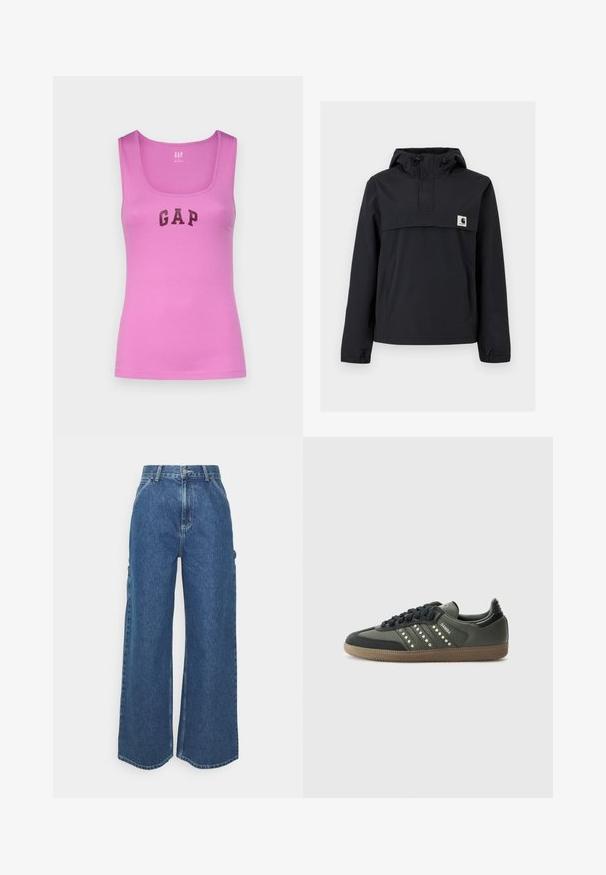 Chaqueta cortavientos negra con capucha, que cuenta con un bolsillo frontal, puños elásticos y un parche de logo en el pecho. Tejido liso y resistente al agua.; GAP TANK - Top - budding lilac; Pantalones vaqueros de pierna ancha en azul con cintura alta, costuras en contraste y bolsillos laterales, que cuentan con un diseño clásico de cinco bolsillos y dobladillos sin rematar.; adidas Originals SAMBA OG - Zapatillas - core black/legend earth/gum