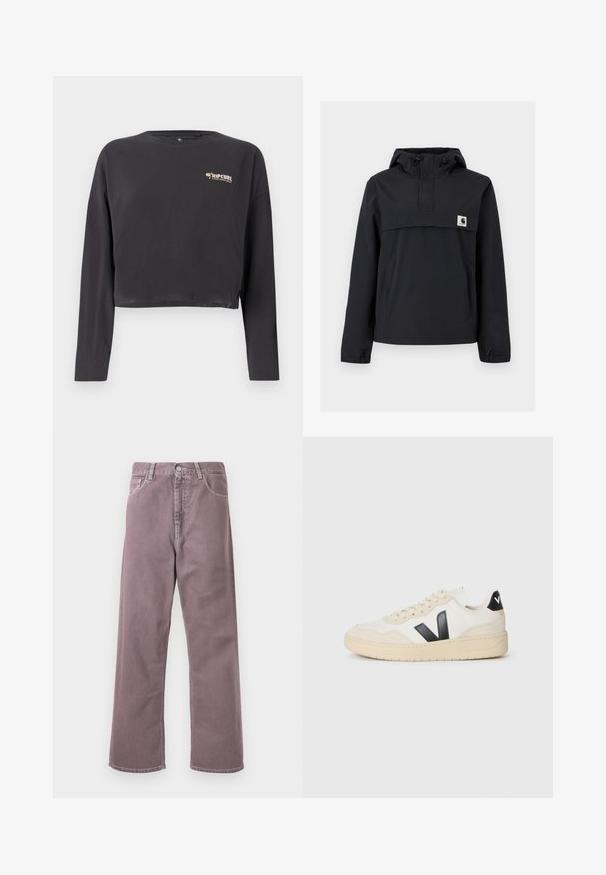 Schwarze Windjacke mit Kapuze, ausgestattet mit einer Vordertasche, elastischen Bündchen und einem Logopatch auf der Brust. Glattes, wasserabweisendes Material.; Gekürztes Langarm-T-Shirt aus dunkelgrauer Baumwolle, mit einem kleinen, mehrfarbigen Rip Curl-Logo auf der Brust und einem lässigen Schnitt.; Weite Hosen in einem gedämpften Lavendelton, aus Denim gefertigt. Beinhaltet fünf Taschen, einen Knopfverschluss und dezente Stickakzente.; Off-white Sneaker mit beige Sohle, schwarzem "V" Logo an der Seite, Schnürsenkeln und schwarzem Fersenpatch mit weißen Buchstaben.