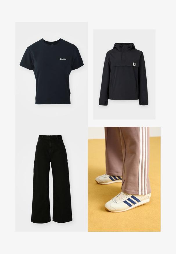 Melnā vēja necaurlaidīgā jaka ar kapuci, ar priekšējo kabatu, elastīgām aprocēm un logotipa uzšuvumu uz krūtīm. Gluda, ūdensizturīga auduma.; Melns kokvilnas T-krekls ar īsām piedurknēm, apaļu kakla izgriezumu un mazu baltu izšuvumu uz krūškurvja. Klasisks, piegulošs dizains.; Melni platā kāju kravas bikses no denima, ar augstu vidukli, priekšējo pogu aizdari un sānu kabatām. Gluda tekstūra ar minimālu šuvju skaitu.; Krēma krāsas kedas ar zilo zamšādu svītrām, baltām auklām un gumijas zoli. Apvienotas ar pelēkām sporta biksēm ar baltām sānu svītrām.