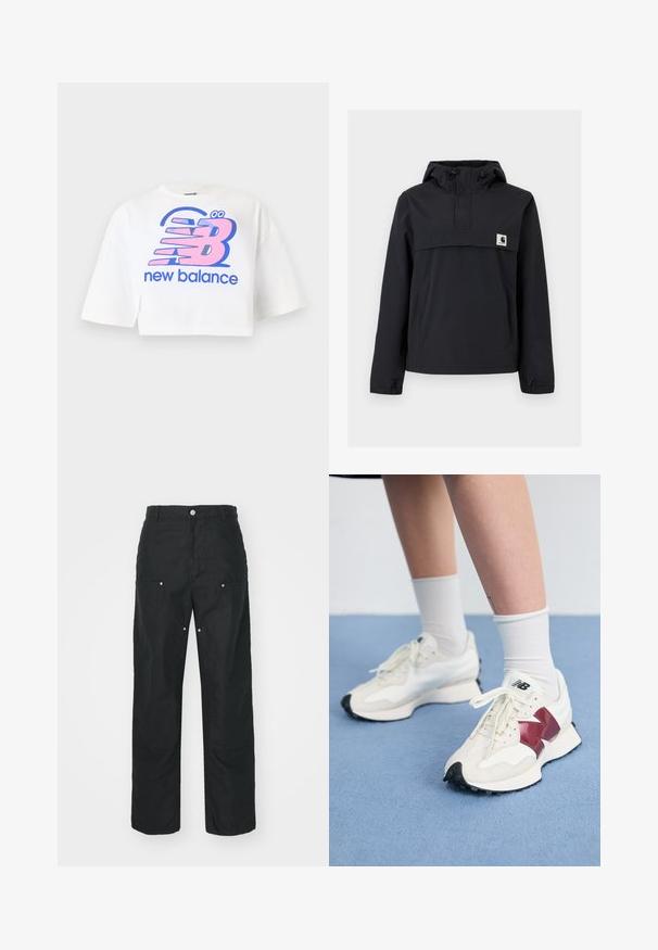 Melnā vēja necaurlaidīgā jaka ar kapuci, ar priekšējo kabatu, elastīgām aprocēm un logotipa uzšuvumu uz krūtīm. Gluda, ūdensizturīga auduma.; Balts īsais krekliņš, izgatavots no kokvilnas, ar lielu rozā un zilā krāsā drukātu grafiku ar "new balance" logo un stilizētiem burtiem.; Melnas bikses ar taisniem diegiem, izgatavotas no teksturēta auduma. Satur dekoratīvus sudraba aksesuārus un unikālas vīļu detaļas.; Balti sporta apavi ar tumši sarkaniem akcentiem, teksturētām detaļām, plakanu melnu zoli un gaišajām šņorēm, valkāti ar baltām potīšu zeķēm.