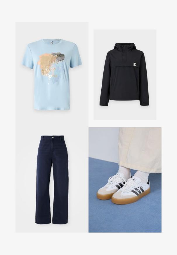 Jachetă neagră tip windbreaker cu glugă, dotată cu un buzunar frontal, manșete elastice și o etichetă cu logo pe piept. Țesătură netedă, rezistentă la apă.; Tricou scurt cu mânecă, de culoare albastru deschis, fabricat dintr-un material moale. Prezintă un design cu stropi de culoare aurie, gri, piersică și albastru, având textul "Rămâi adevărat față de tine."; Pantaloni cargo largi de culoare bleumarin, confecționați dintr-un material din bumbac rezistent, cu buzunare laterale și închidere cu buton în talie.; Adidași albi cu dungi negre și accente din suede bej. Au talpă din cauciuc texturat și șireturi albe plate, purtați cu șosete de culori deschise.