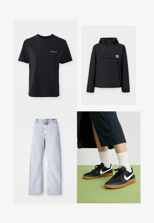 Schwarze Windjacke mit Kapuze, ausgestattet mit einer Vordertasche, elastischen Bündchen und einem Logopatch auf der Brust. Glattes, wasserabweisendes Material.; Schwarzes Baumwoll-T-Shirt mit Rundhalsausschnitt, kurzen Ärmeln und weißem "Carhartt"-Logo auf der linken Brust. Glatte Textur, normale Passform.; Helleblaue Jeans mit weitem Bein, hoher Taille, Knopfverschluss und Fünf-Taschen-Design. Weicher Stoff und sichtbare Nähte.; Schwarze Leder- und synthetische Sneakers mit weißem Nike-Swoosh, Gummisohle, runder Spitze und schwarzen Schnürsenkeln. Gestreifte weiße Socken sind sichtbar.