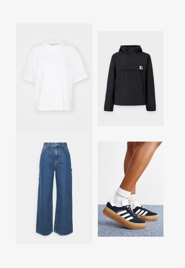 Chaqueta cortavientos negra con capucha, que cuenta con un bolsillo frontal, puños elásticos y un parche de logo en el pecho. Tejido liso y resistente al agua.; Camiseta de algodón blanca con cuello redondo, mangas cortas y un corte relajado. Presenta un logo sutil en el área del pecho izquierdo. Textura suave.; Pantalones vaqueros de pierna ancha en azul con cintura alta, costuras en contraste y bolsillos laterales, que cuentan con un diseño clásico de cinco bolsillos y dobladillos sin rematar.; Zapatillas deportivas de gamuza negra con rayas y detalles blancos, puntera redondeada, suela de goma color caramelo, combinadas con calcetines blancos acanalados a la altura del tobillo.