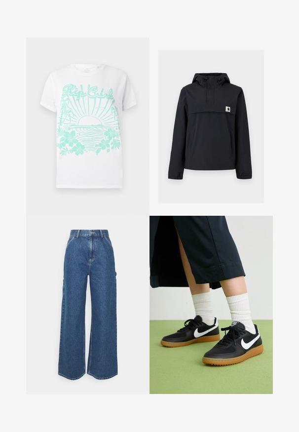 Casaco corta-vento preto com capuz, apresentando um bolso frontal, punhos elásticos e um patch do logo no peito. Tecido liso, resistente à água.; T-shirt branca de mangas curtas com impressão turquesa de um sol a pôr-se sobre ondas do oceano, palmeiras, flores de hibisco e o texto "Rip Curl".; Calças de ganga azuis de perna larga com cintura alta, costuras em contraste e bolsos laterais, apresentando um design clássico de cinco bolsos e bainhas desfiadas.; Sapatilhas pretas em couro e sintético com o logo da Nike em branco, sola de borracha tipo goma, bico redondo e atacadores pretos. Meias brancas com frunces visíveis.