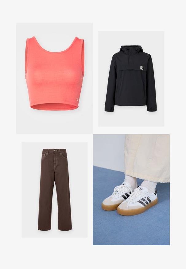 Black windbreaker jacket with a hood, featuring a front pocket, elastic cuffs, and a logo patch on the chest. Smooth, water-resistant fabric.; Pink cropped tank top made from textured fabric. Features a scoop neckline and wide armholes, with a small logo accent at the hem.; Brown wide-leg denim pants with contrasting stitching, five pockets, and a metal button closure. Smooth texture, straight cut.; White sneakers with black stripes and beige suede accents. Feature a textured gum sole and flat white laces, worn with light-colored socks.