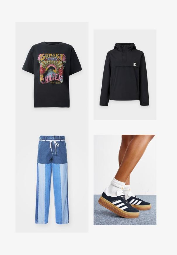 Fekete szélálló dzseki kapucnival, elülső zsebből, rugalmas mandzsetta és logóval ellátott mellkasi részből áll. Simább, vízálló anyag.; Fekete pamut póló, színes grafikai mintával, amely virágokat, napfényt és a "SUNSET ROXY CHASER Since 1990" feliratot prominensen ábrázolja.; Kék farmernadrág, foltvarrásos dizájnnal, különböző árnyalatú kékekből, húzózsinóros derékkal és laza, egyenes szabású lábakkal.; Fekete velúr sportcipő fehér csíkokkal és díszítésekkel, lekerekített orral, gumitalpú külső résszel, fehér bordázott bokazoknival párosítva.