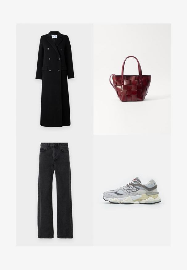 Samsøe Samsøe COAT MAXI - Cappotto classico - black; Cardigan grigio antracite realizzato in tessuto morbido, con colletto rotondo, maniche lunghe e cinque bottoni sulla parte anteriore.; Top marrone a maniche lunghe realizzato in tessuto testurizzato, con scollatura rotonda e una silhouette semplice e aderente, senza decorazioni visibili.; Jeans in denim nero con un design a gamba larga, caratterizzati da un classico stile a cinque tasche, chiusura con bottone e leggere sfumature.; Sneaker grigio in suede e rete con una spessa soletta bianca e beige, caratterizzata da un logo bianco prominente e dettagli in rosso.; Borsa a tote in pelle borgogna intrecciata con due manici corti e una tracolla rimovibile. Presenta una forma strutturata e una texture liscia.
