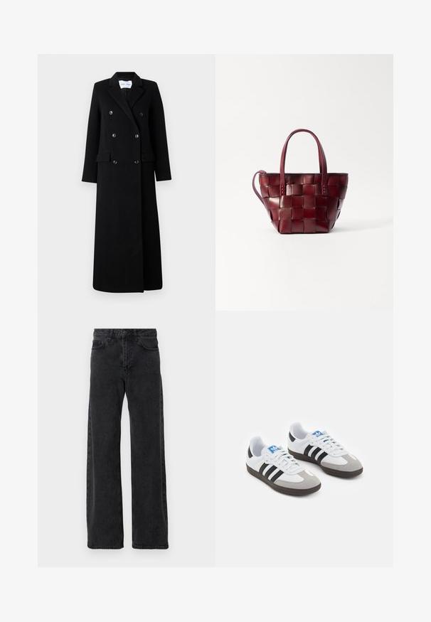 Samsøe Samsøe COAT MAXI - Mantel - black; Koolgrijze cardigan van zachte stof, met een ronde hals, lange mouwen en vijf knoopsluitingen aan de voorkant.; Lange mouwen bruine top gemaakt van textuurstof, met een ronde halslijn en een eenvoudige, getailleerde silhouet zonder zichtbare versieringen.; Zwarte denim jeans met een wijd pijpdesign, voorzien van de klassieke vijf-pocket stijl, knoopsluiting en subtiele vervaging.; Sportschoenen met een witte leren bovenkant, grijze suède neus en drie zwarte strepen. Bevat een blauw logo op de tong en een gestructureerde rubberen zool.; Geweven bordeaux leren tote bag met twee korte handvatten en een afneembare schouderriem. Heeft een gestructureerde vorm en een gladde textuur.