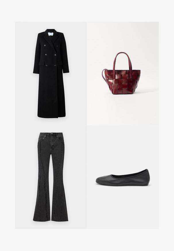 Samsøe Samsøe COAT MAXI - Klasický kabát - black; Uhlově šedý kardigan vyrobený z měkké tkaniny, s kulatým výstřihem, dlouhými rukávy a pěti knoflíkovými uzávěry vpředu.; Hnědý top s dlouhým rukávem vyrobený z texturované tkaniny, se zaobleným výstřihem a jednoduchým přiléhavým střihem bez viditelných ozdob.; Černé džíny s rozšířenými nohavicemi, se stylovým poškozením a viditelnými švy. Mají pět kapes a zapínání na knoflík v pase.; Černé kožené baletní byty s kulatou špičkou, hladkou texturou, minimálními švy a flexibilním designem podrážky.; Tkaná bordó kožená taška přes rameno s dvěma krátkými uchy a odnímatelným ramenním popruhem. Má strukturovaný tvar a hladkou texturu.