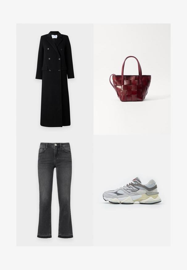 Samsøe Samsøe COAT MAXI - Klassisk kappa / rock - black; Kolgrå cardigan i mjukt tyg, med rund halsringning, långa ärmar och fem knappslutningar framtill.; Långärmad brun topp av texturerad tyg, med rundad halsringning och en enkel, figurnära silhuett utan synliga detaljer.; Uppsvängda jeans i mörkgrå denim med en blekt textur, med fickknapp, dragkedja och femficksdesign.; Grå mocka- och meshsneaker med en tjock vit och beige sula, med en framträdande vit logotyp och röda detaljer.; Vävd burgunderfärgad läder tote-väska med två korta handtag och en avtagbar axelrem. Har en strukturerad form och slät textur.
