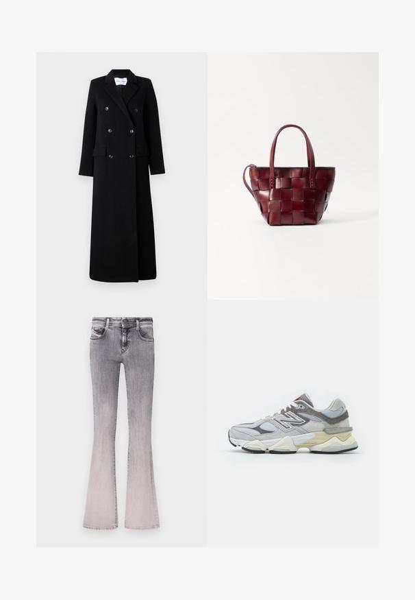 Samsøe Samsøe - Klasyczny płaszcz; Węgorzowy szary kardigan wykonany z miękkiego materiału, z okrągłym dekoltem, długimi rękawami i pięcioma guzikami zapinającymi z przodu.; Brązowa bluzka z długim rękawem, wykonana z teksturowanej tkaniny, z okrągłym dekoltem i prostym, dopasowanym krojem, bez widocznych ozdób.; Spodnie dzwony w gradientzie od czarnego do jasnoszarego denimu. Posiadają klasyczny pięciopocketowy design, zapięcie na guzik z przodu i subtelne detale przeszycia.; Szare zamszowe i siateczkowe sneakersy z grubą białą i beżową podeszwą, z wyraźnym białym logo i czerwonymi akcentami.; Torebka tote z wPLECIONEJ bordowej skóry, z dwoma krótkimi uchwytami i odpinanym paskiem na ramię. Charakteryzuje się usztywnionym kształtem i gładką fakturą.