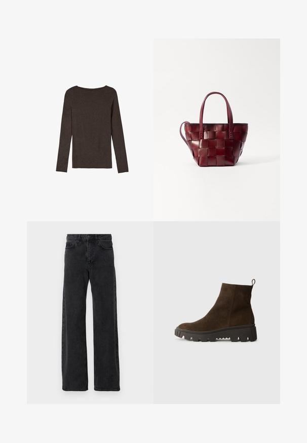 Samsøe Samsøe COAT MAXI - Klassisk kappa / rock - black; Kolgrå cardigan i mjukt tyg, med rund halsringning, långa ärmar och fem knappslutningar framtill.; Långärmad brun topp av texturerad tyg, med rundad halsringning och en enkel, figurnära silhuett utan synliga detaljer.; Svarta denimjeans med breda ben, med en klassisk femficksdesign, knappstängning och diskret blekning.; Brun mocka ankelsko med en kraftig svart gummisula, med en lätt klack och en dragflik baktill för enkel påtagning.; Vävd burgunderfärgad läder tote-väska med två korta handtag och en avtagbar axelrem. Har en strukturerad form och slät textur.