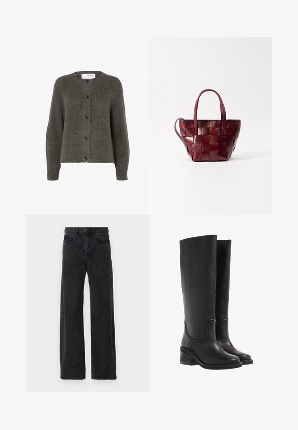 Samsøe Samsøe COAT MAXI - Abrigo clásico - black; Cárdigan gris carbón hecho de tejido suave, con cuello redondo, mangas largas y cinco botones en la parte delantera.; Top de manga larga marrón, hecho de un tejido texturizado, que presenta un escote redondeado y una silueta simple y ajustada sin adornos visibles.; Pantalones vaqueros de mezclilla negra con un diseño de pierna ancha, que cuentan con un estilo clásico de cinco bolsillos, cierre de botón y un ligero desgaste.; Botas de cuero negro hasta la rodilla con una textura suave, punta redondeada y un tacón ancho. Presenta costuras sutiles y un diseño aerodinámico.; Bolso tote de cuero burdeos tejido con dos asas cortas y una correa de hombro desmontable. Presenta una forma estructurada y una textura suave.