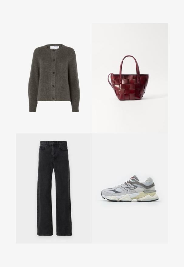 Samsøe Samsøe COAT MAXI - Abrigo clásico - black; Cárdigan gris carbón hecho de tejido suave, con cuello redondo, mangas largas y cinco botones en la parte delantera.; Top de manga larga marrón, hecho de un tejido texturizado, que presenta un escote redondeado y una silueta simple y ajustada sin adornos visibles.; Pantalones vaqueros de mezclilla negra con un diseño de pierna ancha, que cuentan con un estilo clásico de cinco bolsillos, cierre de botón y un ligero desgaste.; Zapatilla de ante y malla gris con una suela gruesa blanca y beige, que presenta un logotipo blanco prominente y detalles en acentos rojos.; Bolso tote de cuero burdeos tejido con dos asas cortas y una correa de hombro desmontable. Presenta una forma estructurada y una textura suave.