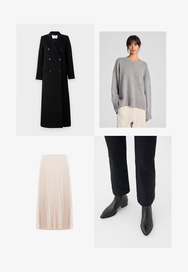 Samsøe Samsøe COAT MAXI - Klasický kabát - black; Sivý pletený sveter s voľným strihom, okrúhlym výstrihom, rebrovanými manžetami a lemom. Mäkka textúra s jemným pleteným vzorom. Skombinovaný s svetlými nohavicami.; Záhybová midi sukňa v svetlej béžovej farbe, vyrobená z hladkej tkaniny, s úzkymi vertikálnymi záhybmi a elastickým pásom.; Čierne kožené členkové čižmy s špicatou špičkou, blokovým podpätkom a textúrovanými bočnými panelmi, nosené s tmavými nohavicami na bielom pozadí.