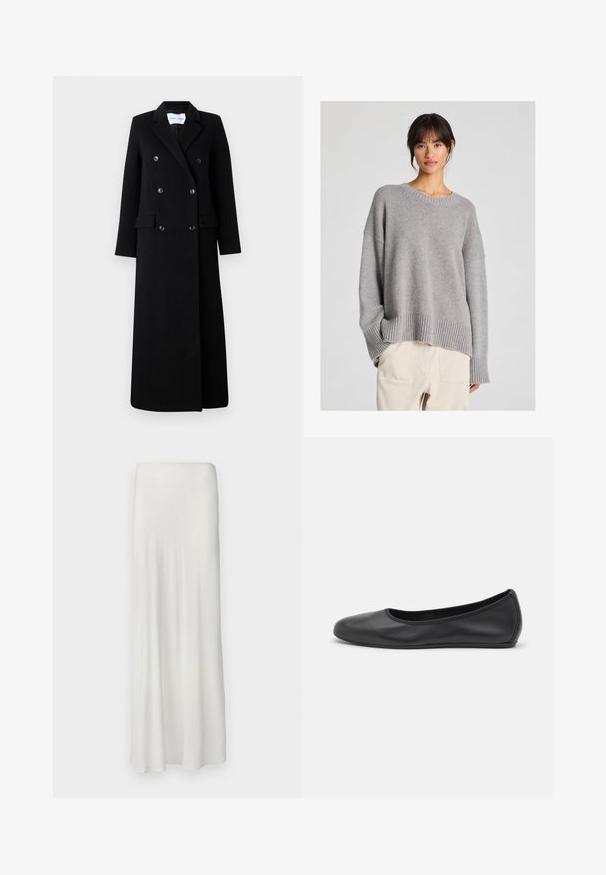 Samsøe Samsøe COAT MAXI - Manteau classique - black; Pull en maille gris avec une coupe décontractée, col rond, poignets et ourlets côtes. Texture douce avec un motif de tricot subtil. Associé à un pantalon clair.; Jupe longue blanche en tissu lisse et fluide. Dotée d'une taille élastique simple et d'une silhouette droite, atteignant la cheville.; Ballerines en cuir noir avec un bout rond, texture lisse, détails de couture minimalistes et design de semelle flexible.