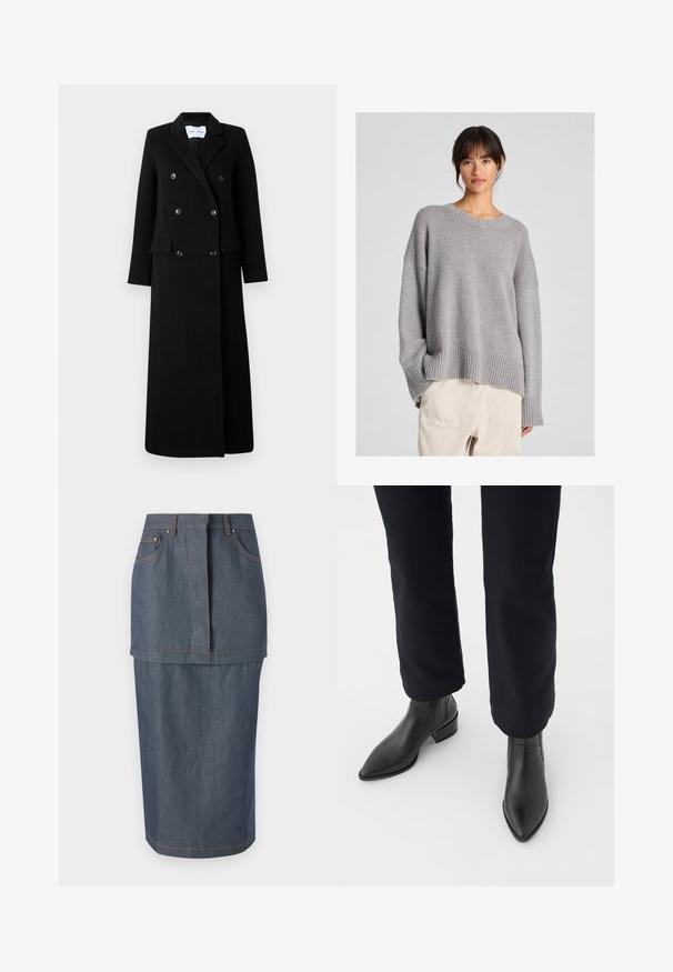 Samsøe Samsøe COAT MAXI - Klasický kabát - black; Šedý pletený svetr s uvolněným střihem, kulatým výstřihem, proužkovanými manžetami a lemem. Měkká textura se jemným pleteným vzorem. V kombinaci se světlými kalhotami.; Džínová sukně s tmavě modrým odstínem, s předními kapsami, přiléhavým pasem a délkou po kolena, zdobená kontrastním šitím.; Černé kožené kotníkové boty s špičatou špičkou, blokovým podpatkem a texturovanými bočními panely, nošené s tmavými kalhotami na bílém pozadí.