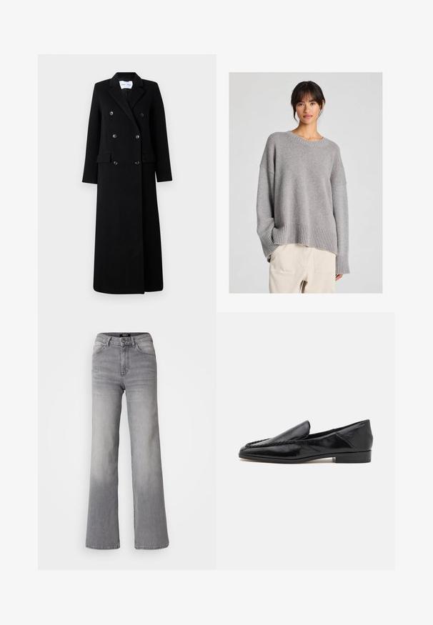 Samsøe Samsøe COAT MAXI - Klasszikus kabát - black; Szürke kötött pulóver, laza fazonnal, kerek nyakkivágással, bordás mandzsettákkal és szegéllyel. Puha tapintású, diszkrét kötött mintázattal. Világos nadrággal párosítva.; Magasan derekú, egyenes szárú, szürke farmernadrág, elől gombbal és cipzárral, elülső és hátsó zsebekkel, valamint elhalványodott árnyékolással a combokon és a vádlikon.; Fekete bőr loaferek sima felülettel, az elülső szélen varrott dizájnnal és alacsony, négyzet alakú sarokkal.