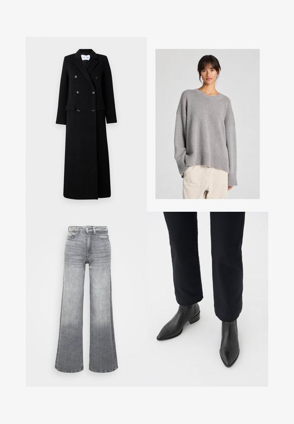 Samsøe Samsøe COAT MAXI - Palton clasic - black; Pulover gri tricotat, cu o croială lejeră, decolteu rotund, manșete și tiv ribbat. Textură moale cu un model de tricotare subtil. Asortat cu pantaloni deschiși.; Jeans largi din denim gri cu un gradient de la deschis la închis, prezentând o talie înaltă, design cu cinci buzunare și o închidere clasică cu buton.; Bocanci din piele neagră, până la gleznă, cu vârf ascuțit, toc pătrat și panouri laterale texturate, purtați cu pantaloni închiși la culoare, pe un fundal alb.